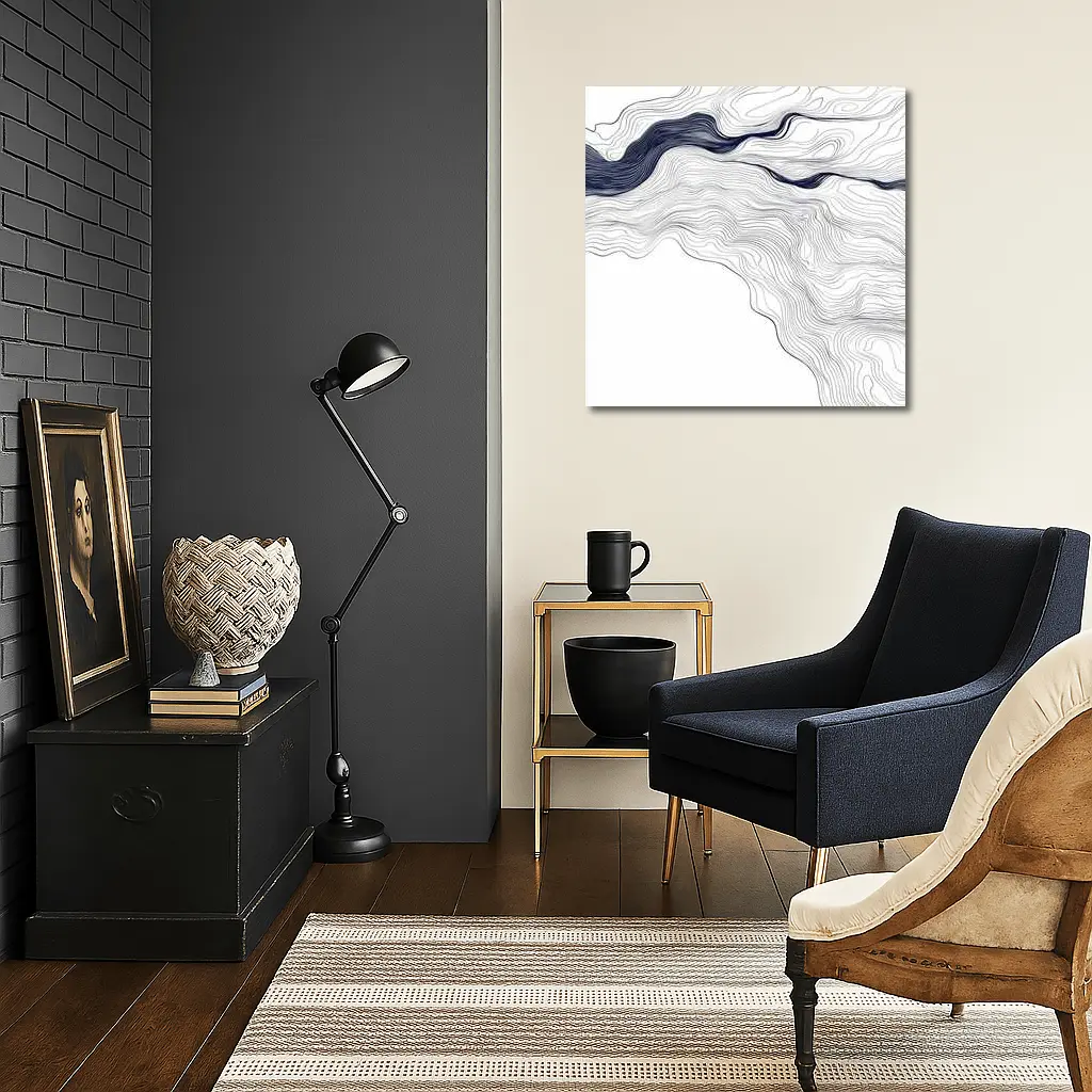 Navy Blue Wave Lines Abstract White Art – Wall Art