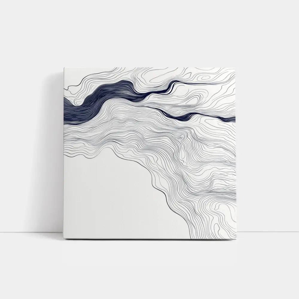 Navy Blue Wave Lines Abstract White Art – Wall Art