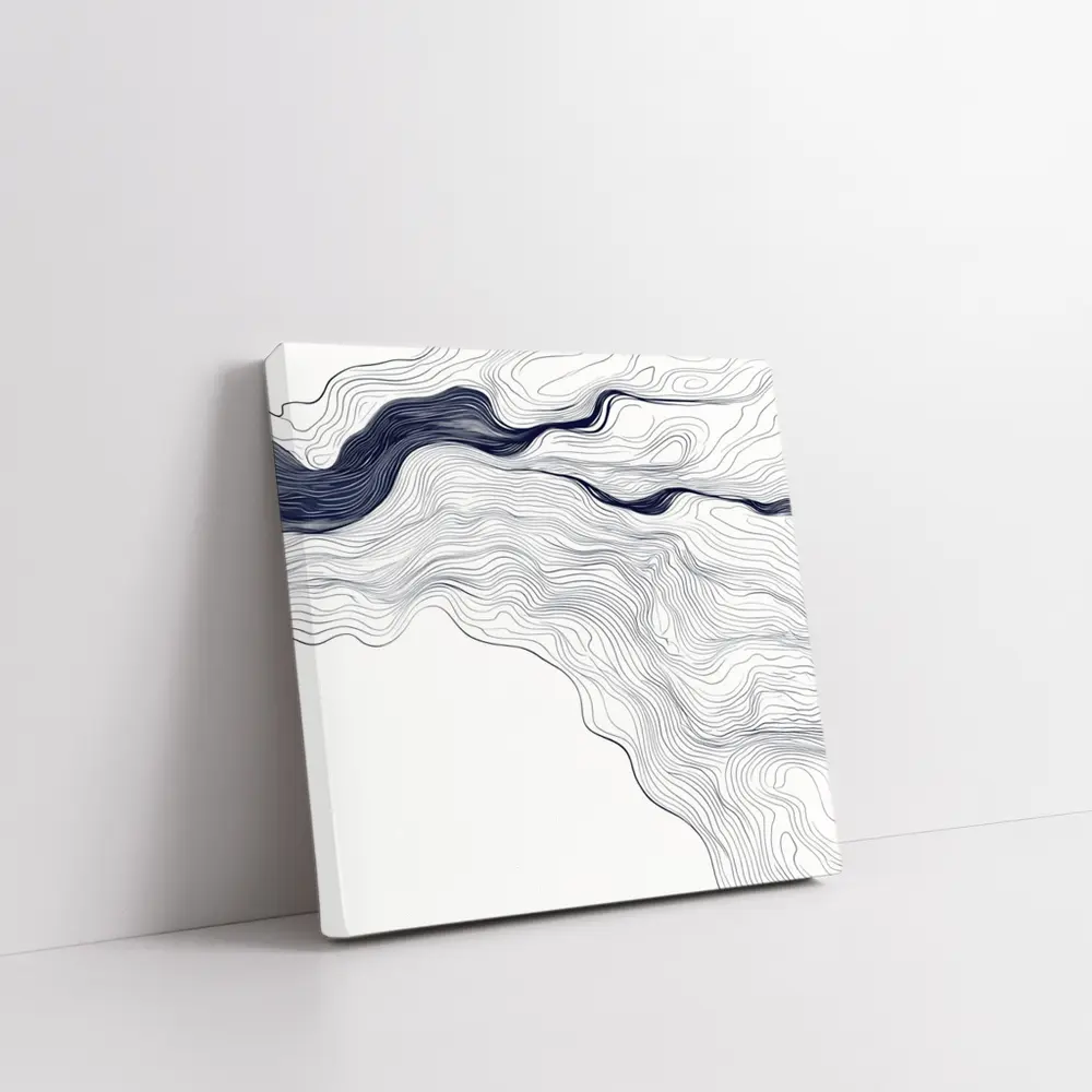 Navy Blue Wave Lines Abstract White Art – Wall Art