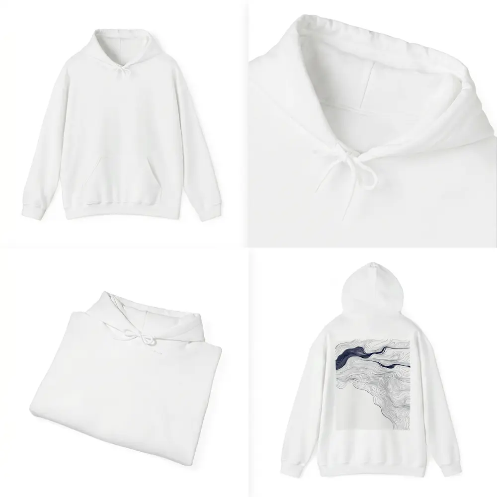 Navy Blue Wave Lines Abstract White Art – Hoodies