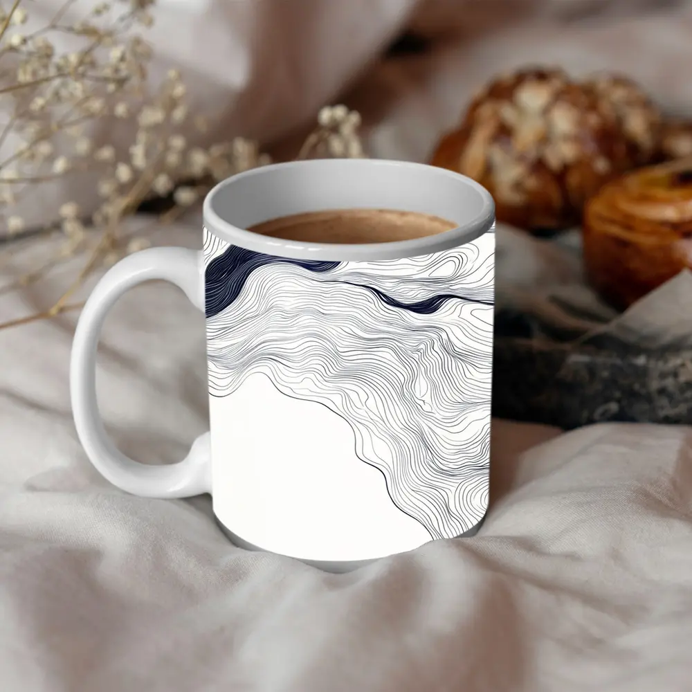 Navy Blue Wave Lines Abstract White Art – Mugs