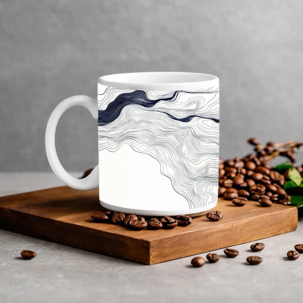 Navy Blue Wave Lines Abstract White Art – Mugs