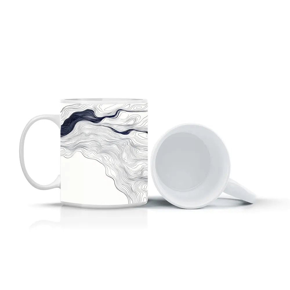 Navy Blue Wave Lines Abstract White Art – Mugs