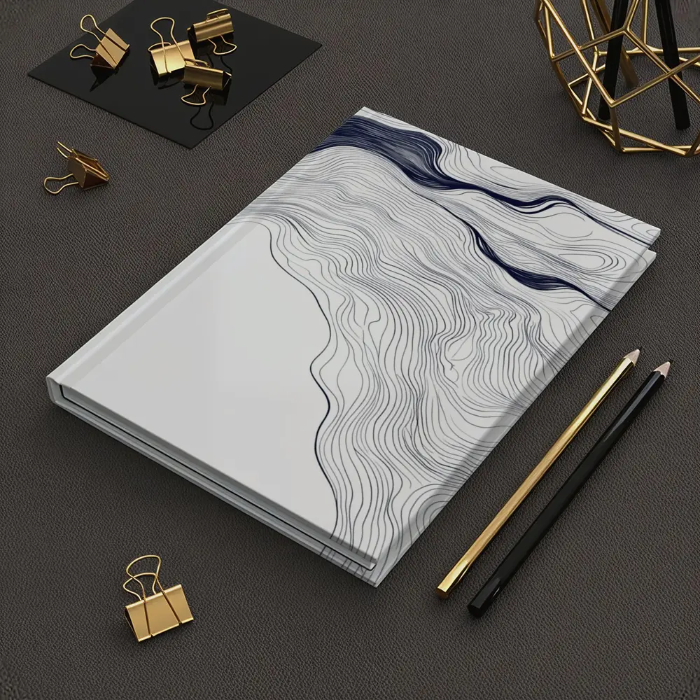 Navy Blue Wave Lines Abstract White Art – Notebooks