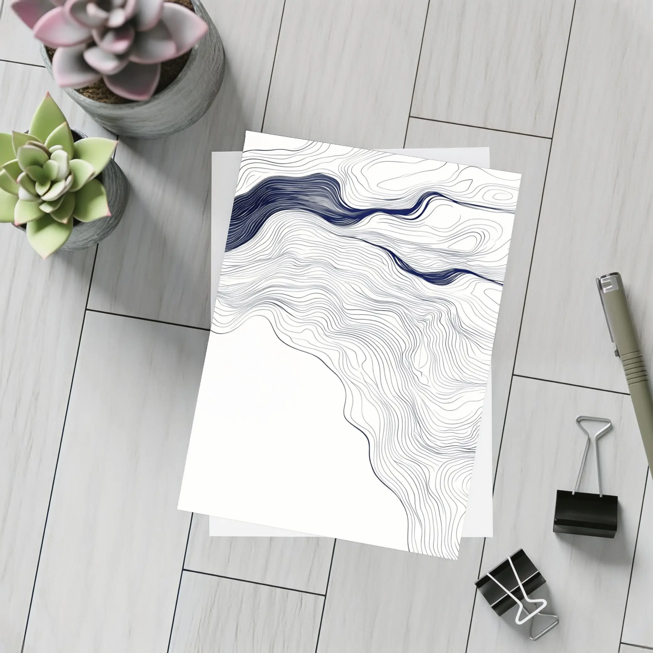 Navy Blue Wave Lines Abstract White Art – Postcards