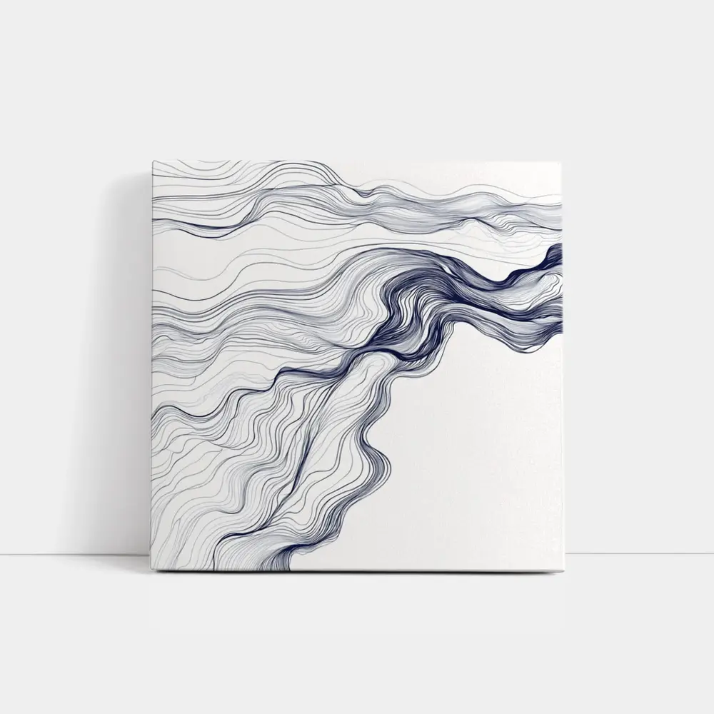 Navy Blue Flow Lines Abstract White Background – Wall Art