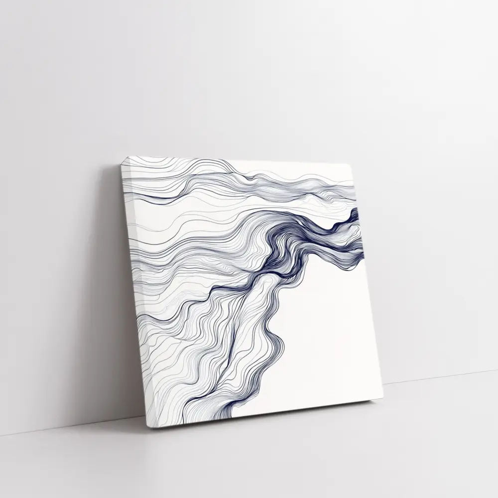 Navy Blue Flow Lines Abstract White Background – Wall Art