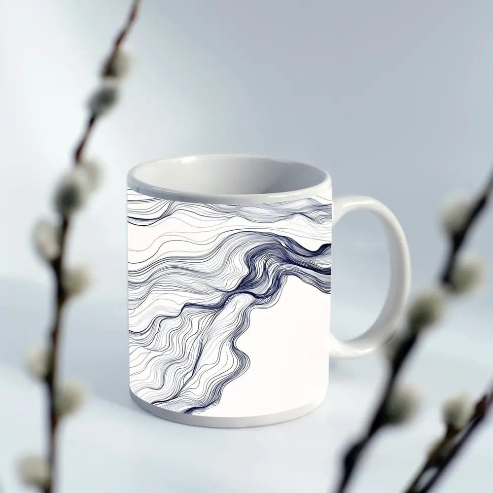 Navy Blue Flow Lines Abstract White Background – Mugs