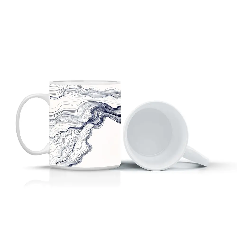 Navy Blue Flow Lines Abstract White Background – Mugs