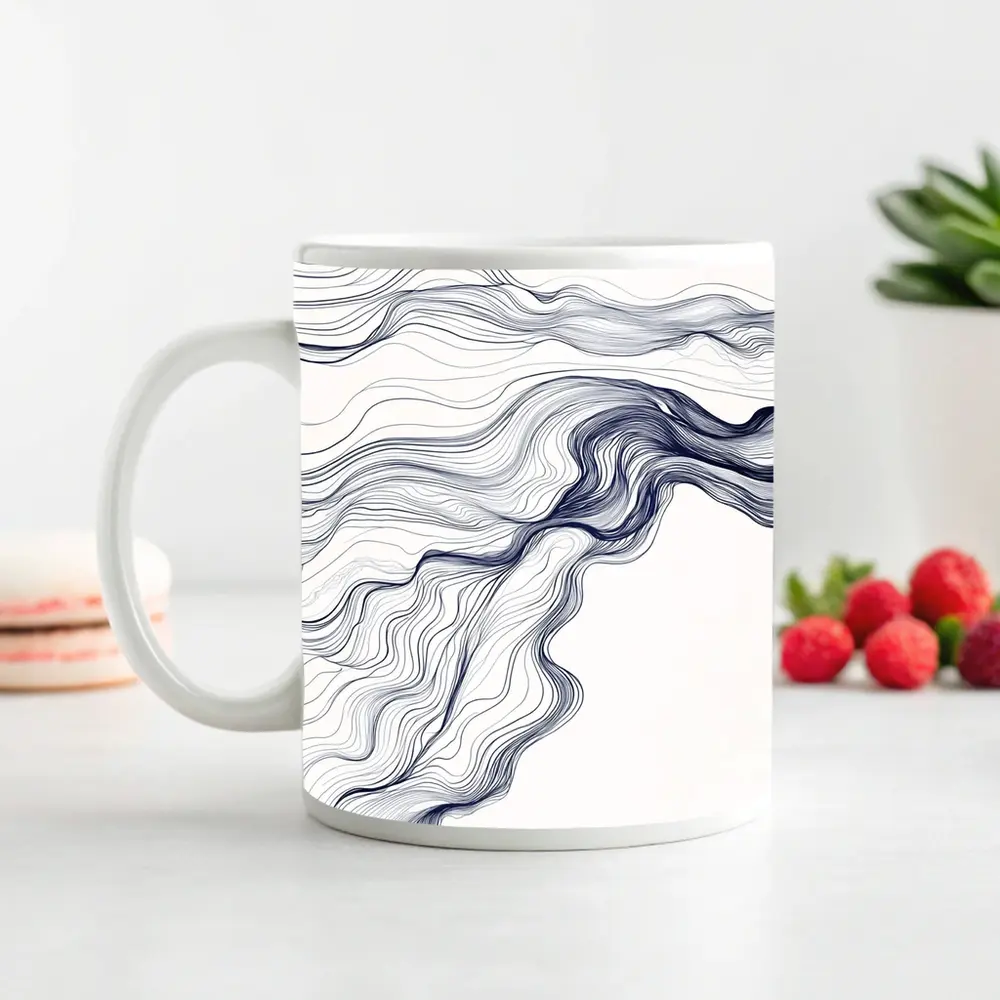 Navy Blue Flow Lines Abstract White Background – Mugs