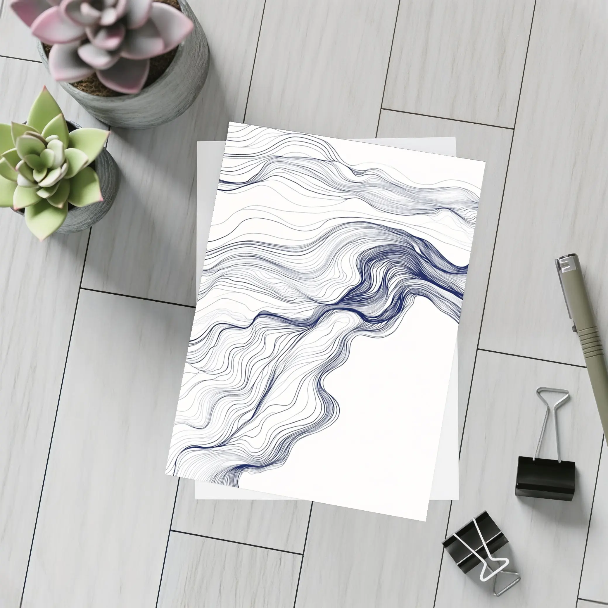 Navy Blue Flow Lines Abstract White Background – Postcards