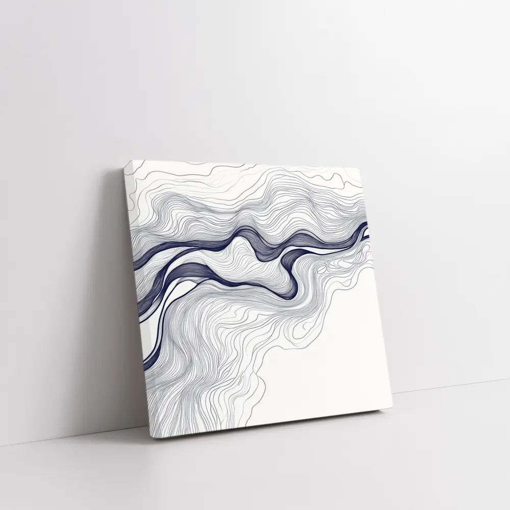 Navy Blue Wave Lines Abstract White Art – Wall Art