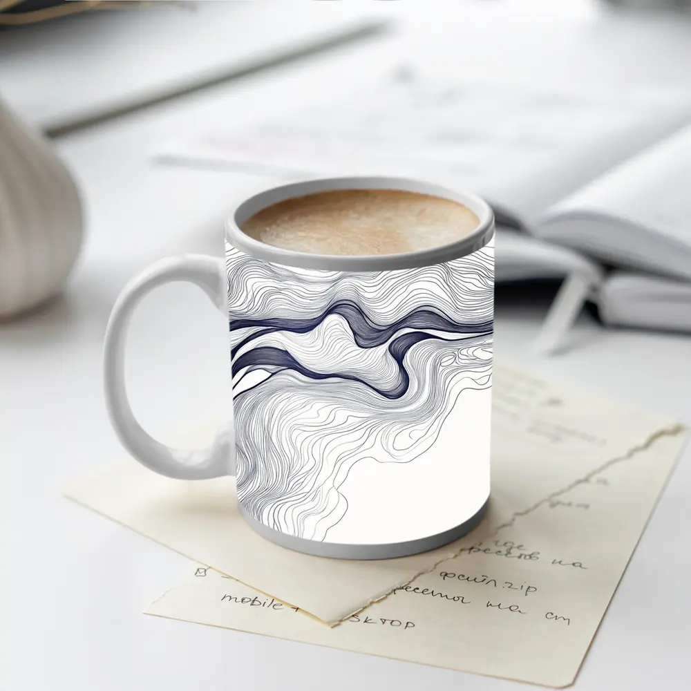 Navy Blue Wave Lines Abstract White Art – Mugs