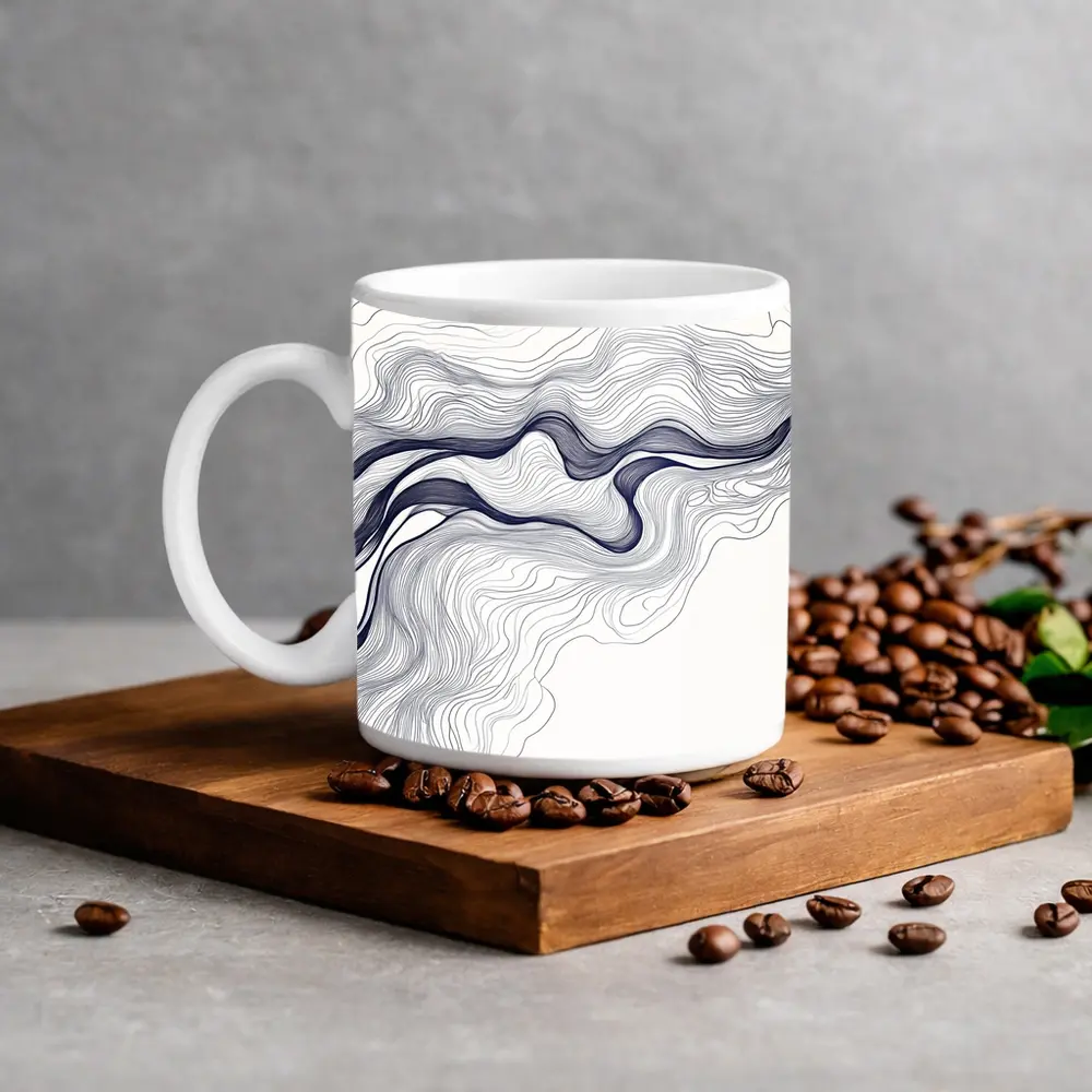 Navy Blue Wave Lines Abstract White Art – Mugs