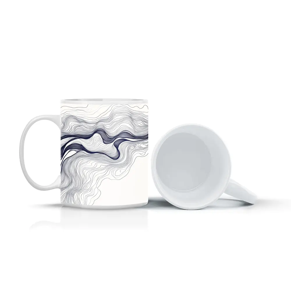 Navy Blue Wave Lines Abstract White Art – Mugs