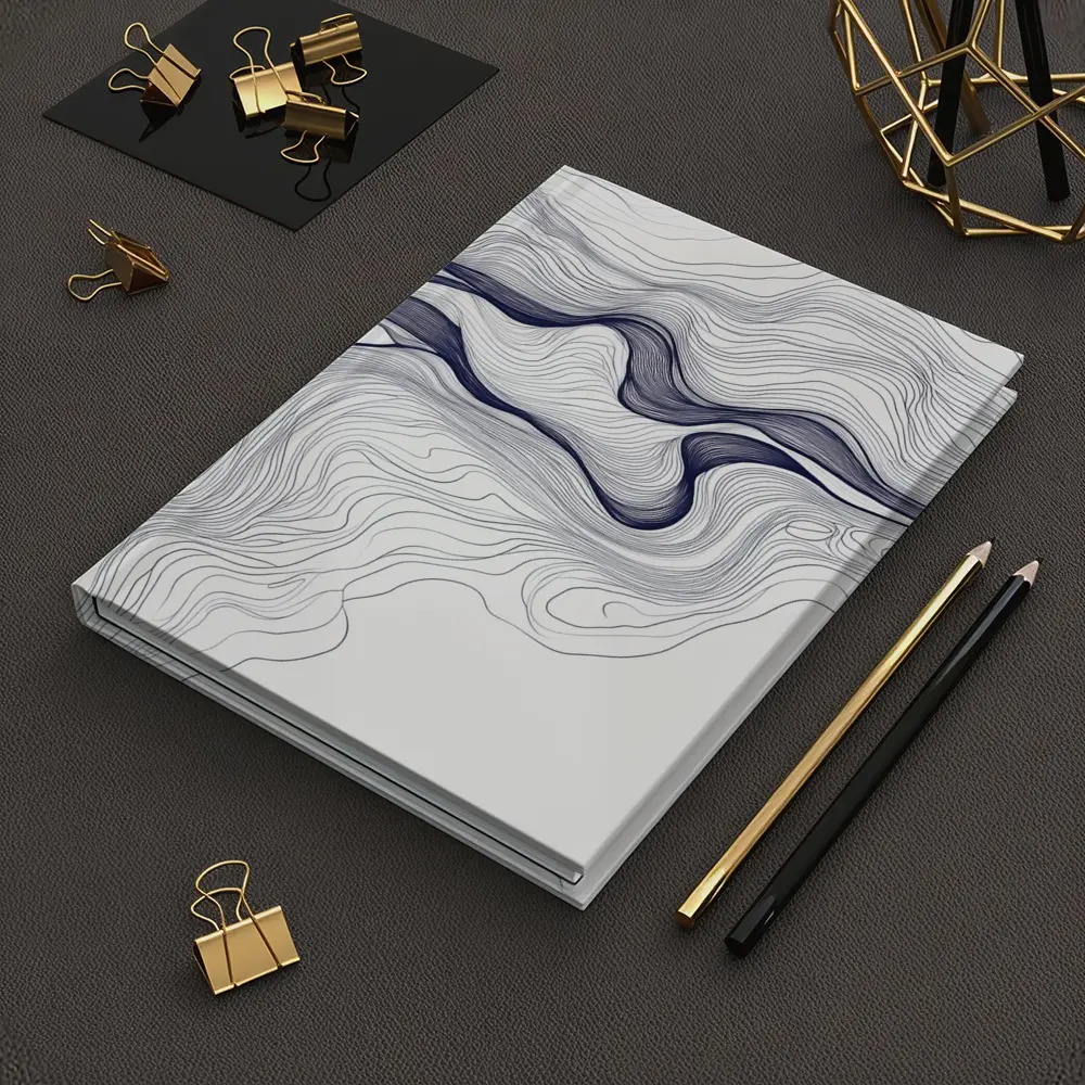 Navy Blue Wave Lines Abstract White Art – Notebooks