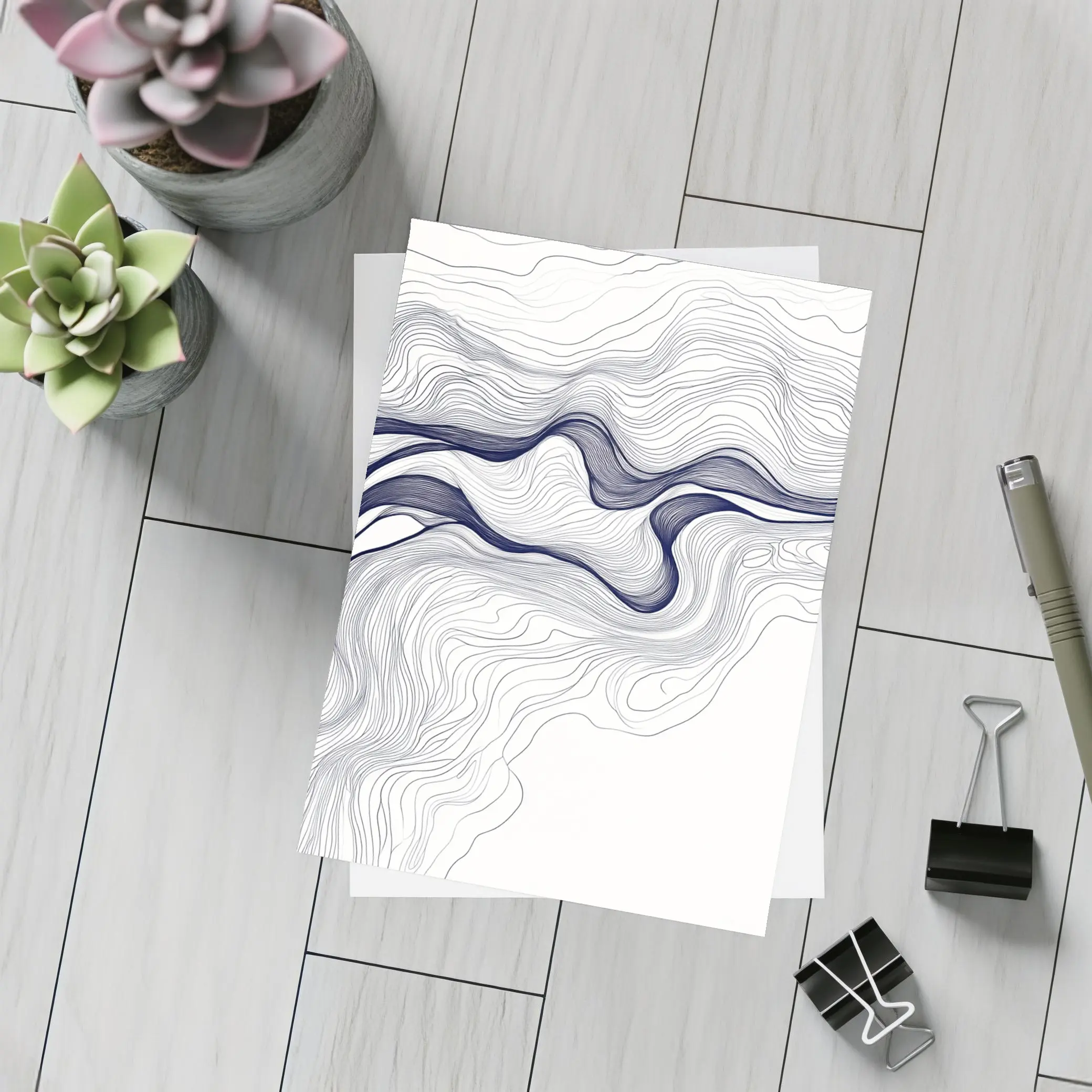 Navy Blue Wave Lines Abstract White Art – Postcards