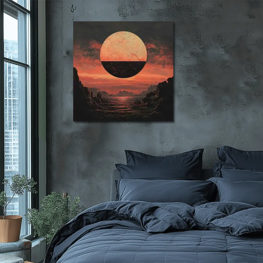 Dark Red Planet Over Rocky Coastal Landscape – Wall Art