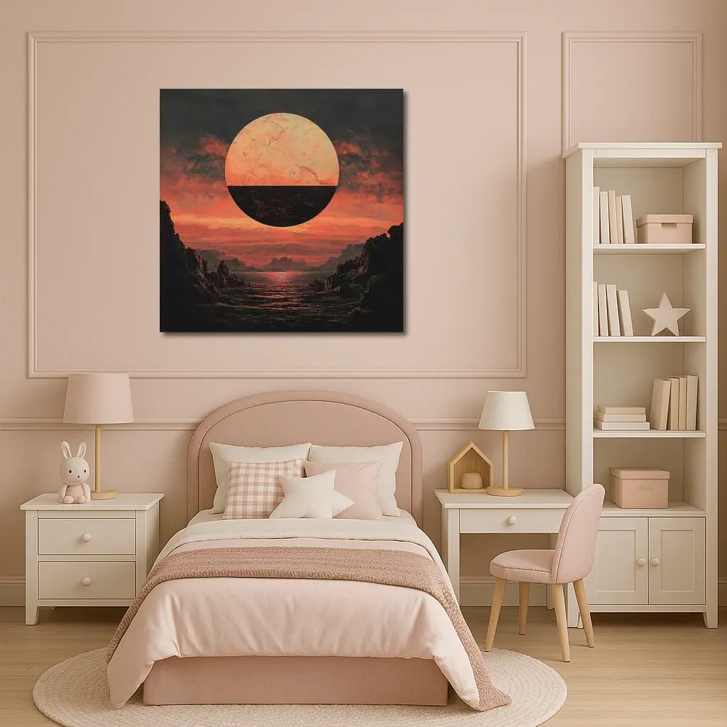 Dark Red Planet Over Rocky Coastal Landscape – Wall Art