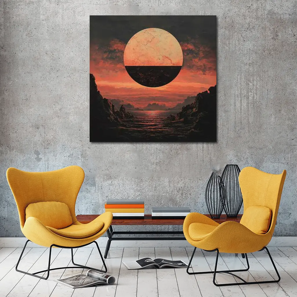 Dark Red Planet Over Rocky Coastal Landscape – Wall Art
