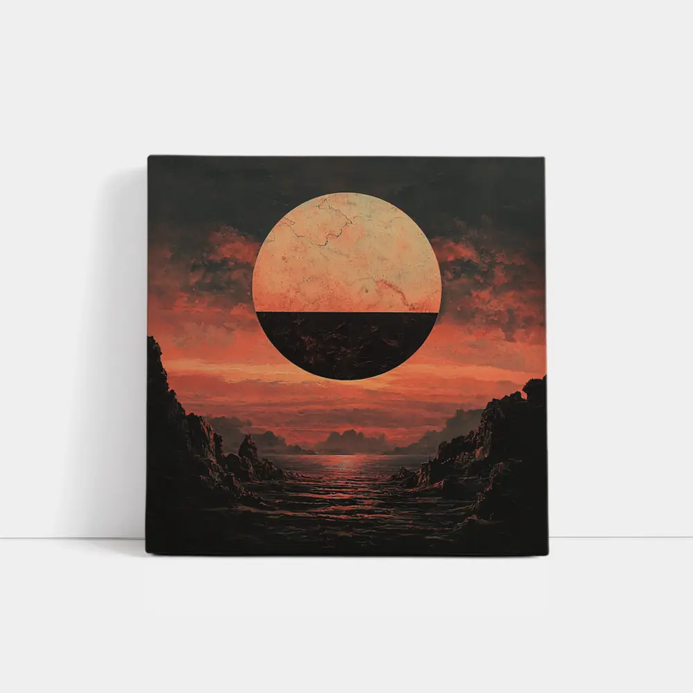 Dark Red Planet Over Rocky Coastal Landscape – Wall Art