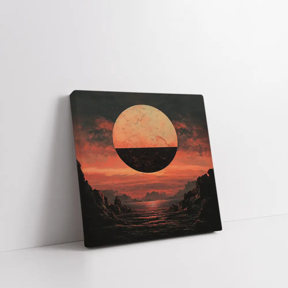 Dark Red Planet Over Rocky Coastal Landscape – Wall Art