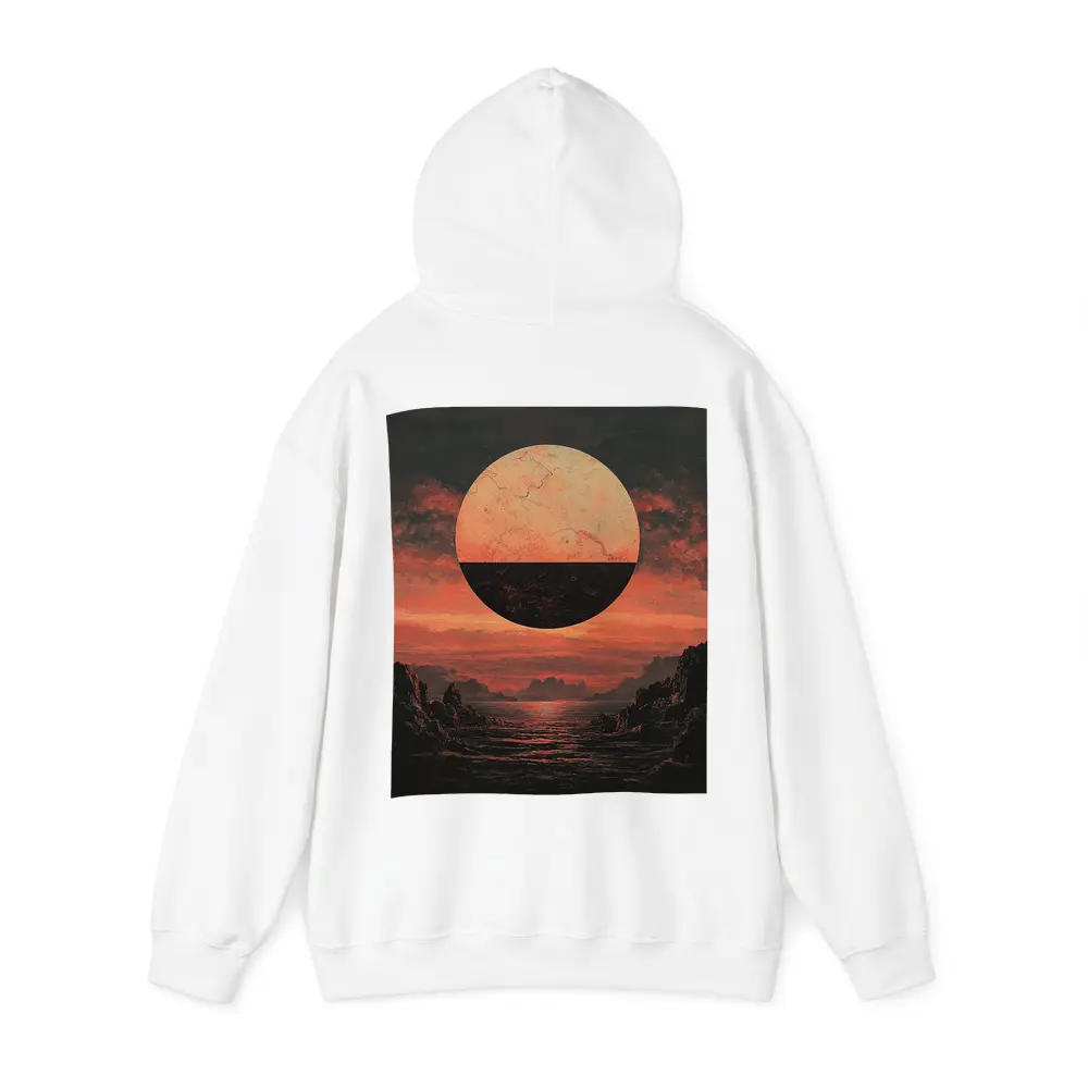 Dark Red Planet Over Rocky Coastal Landscape – Hoodies