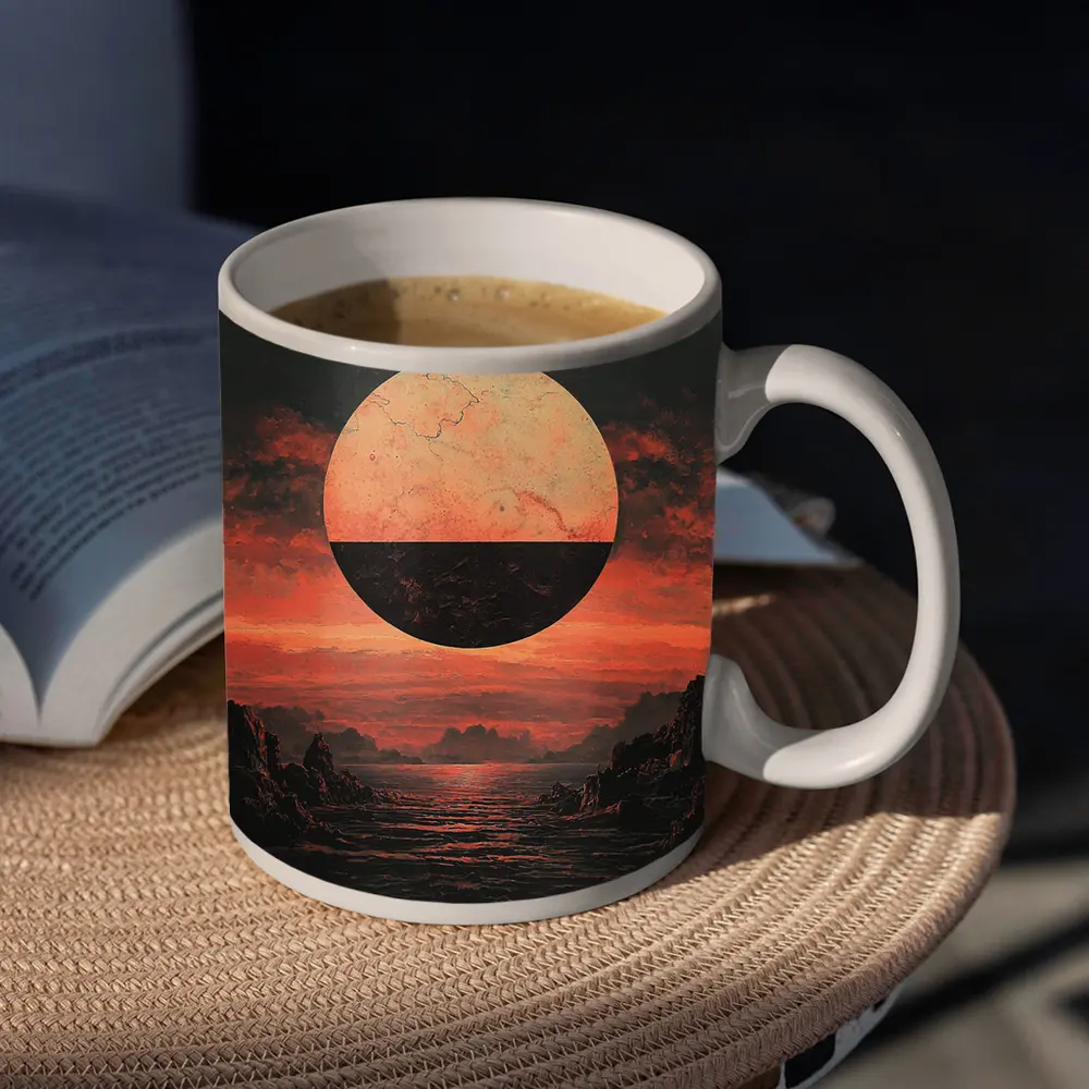 Dark Red Planet Over Rocky Coastal Landscape – Mugs