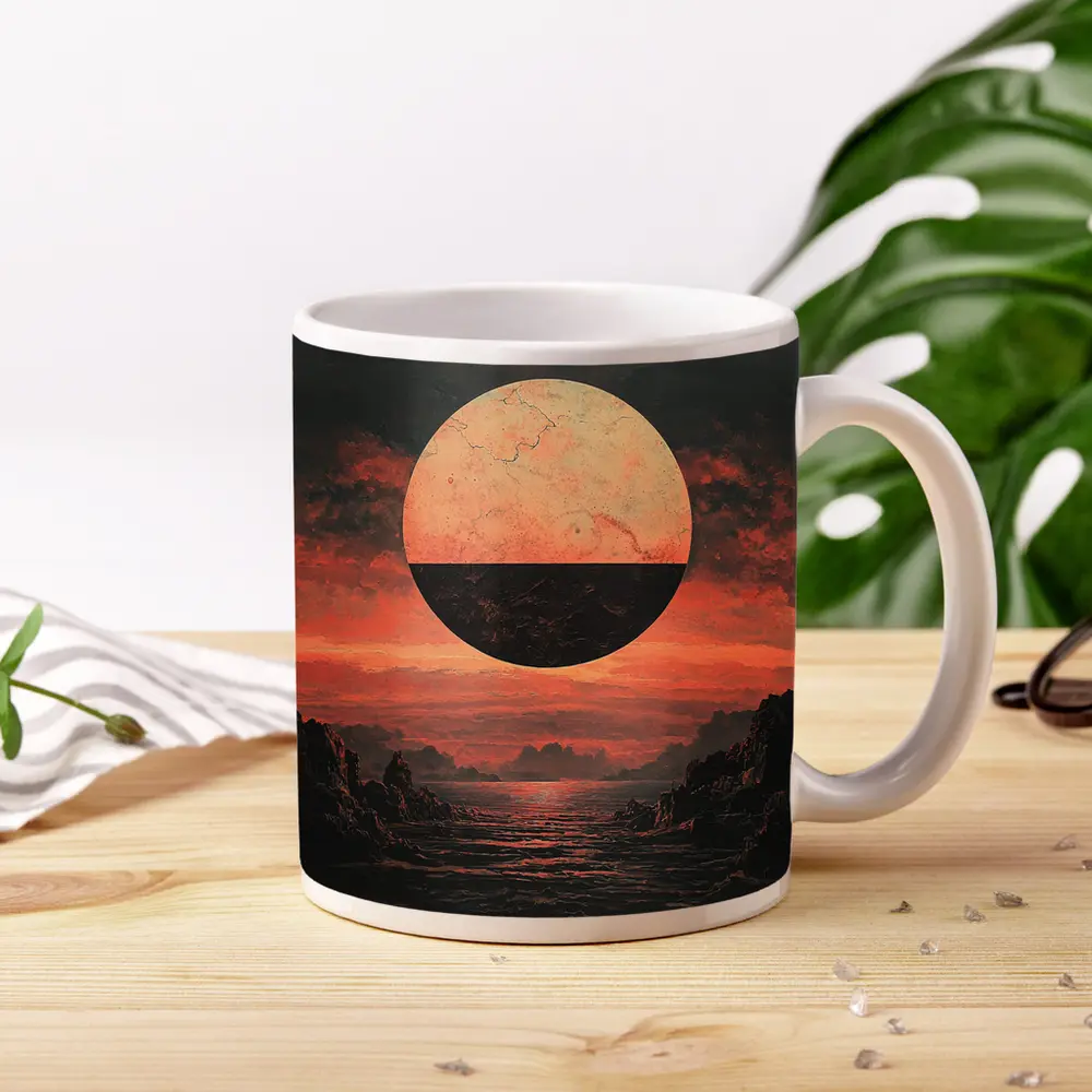 Dark Red Planet Over Rocky Coastal Landscape – Mugs