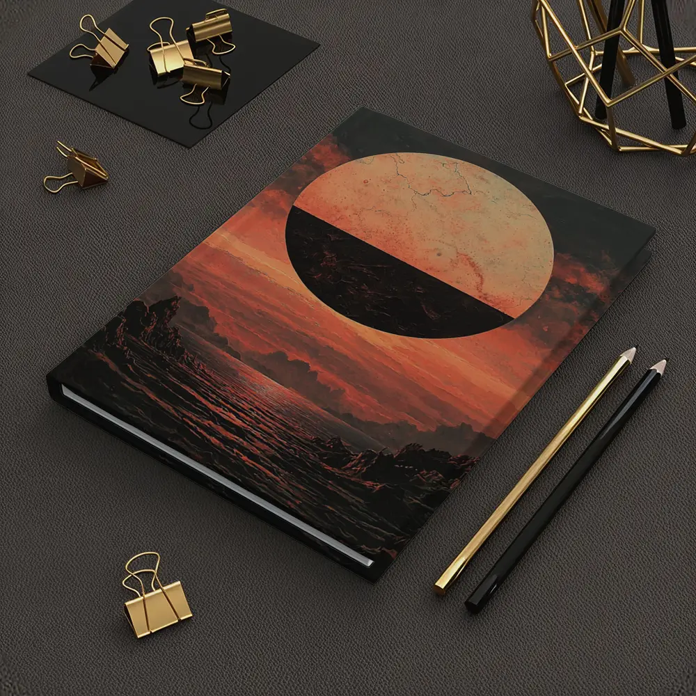 Dark Red Planet Over Rocky Coastal Landscape – Notebooks