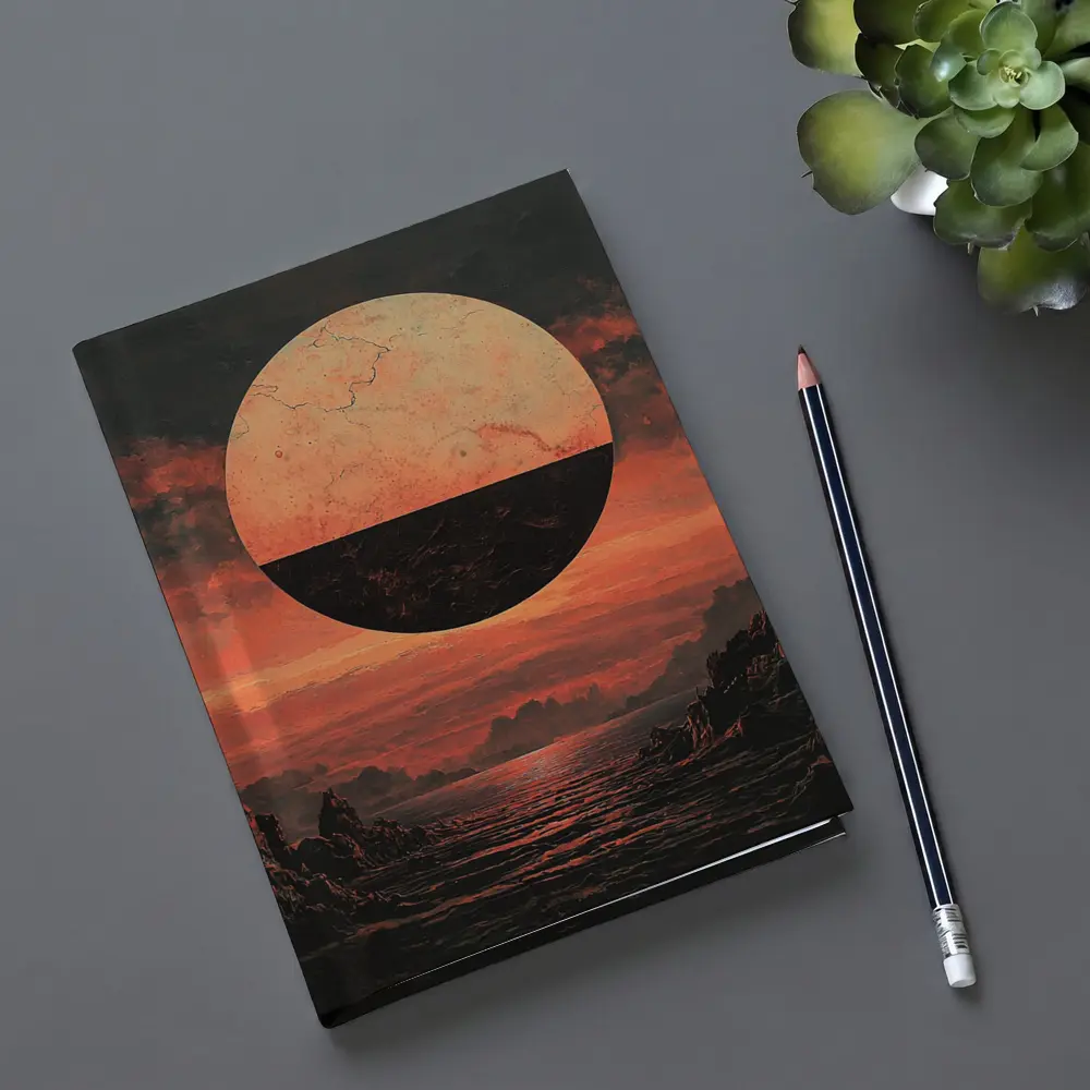 Dark Red Planet Over Rocky Coastal Landscape – Notebooks