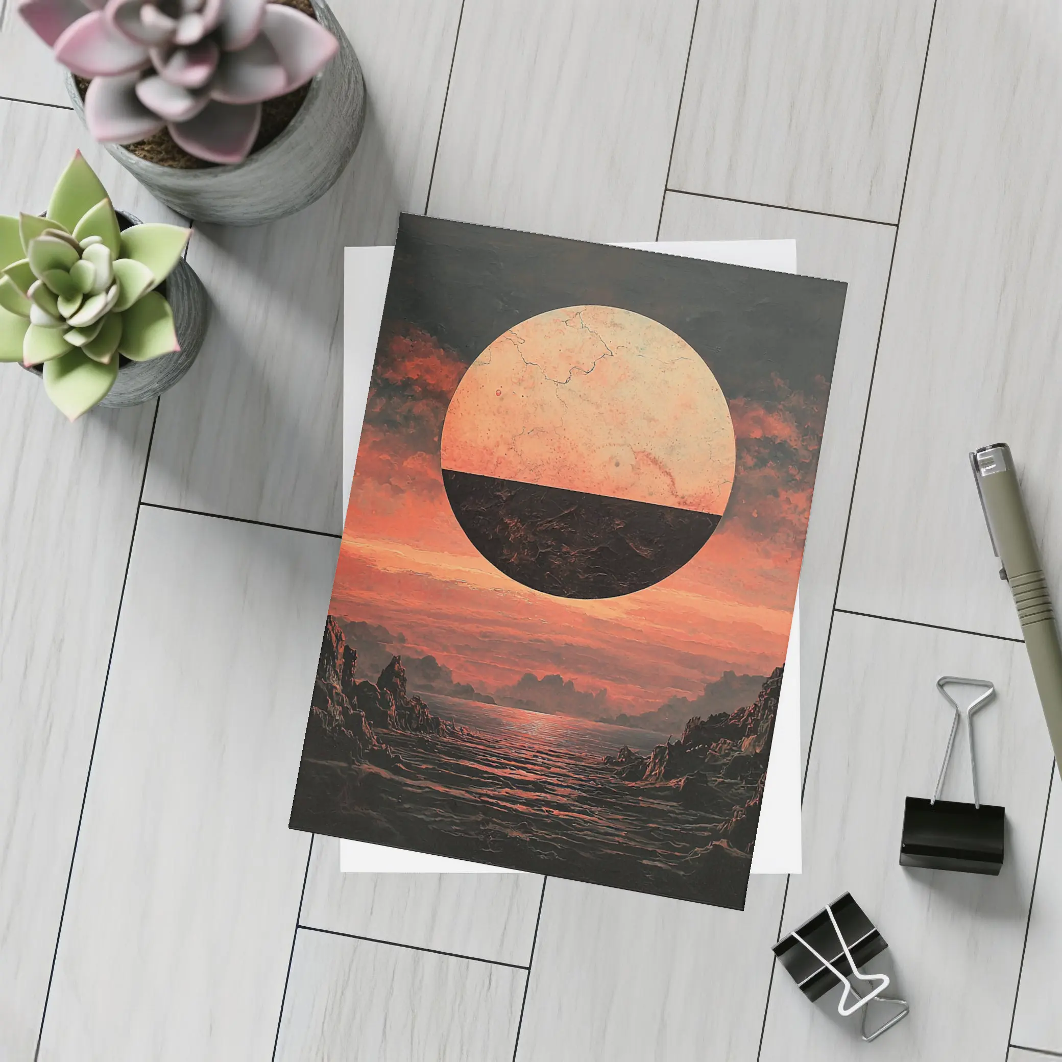 Dark Red Planet Over Rocky Coastal Landscape – Postcards