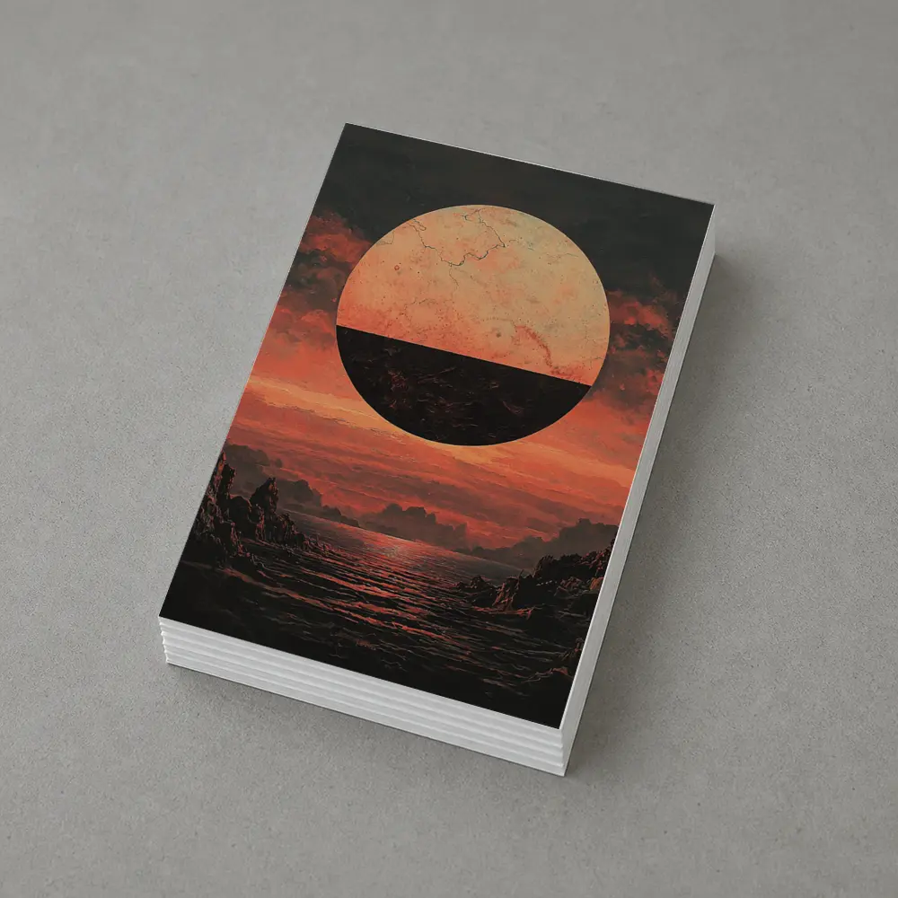 Dark Red Planet Over Rocky Coastal Landscape – Postcards