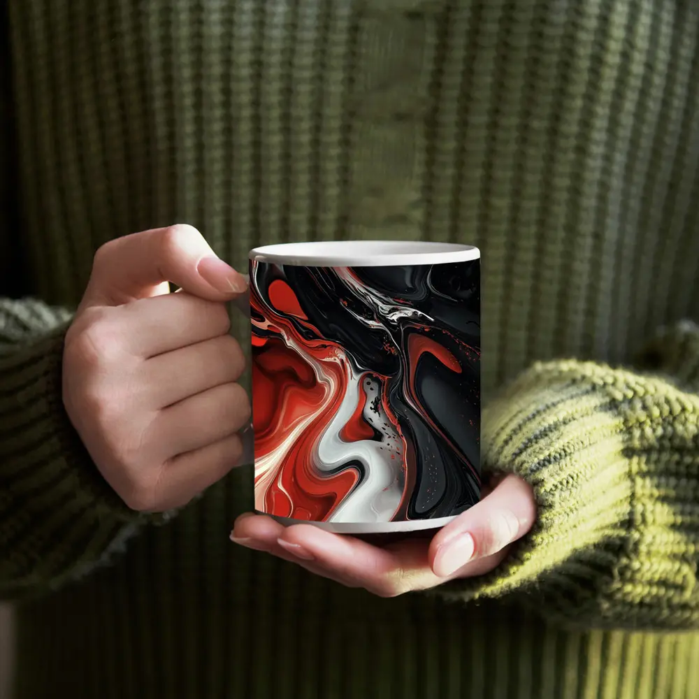 Red Black White Fluid Abstract Art – Mugs