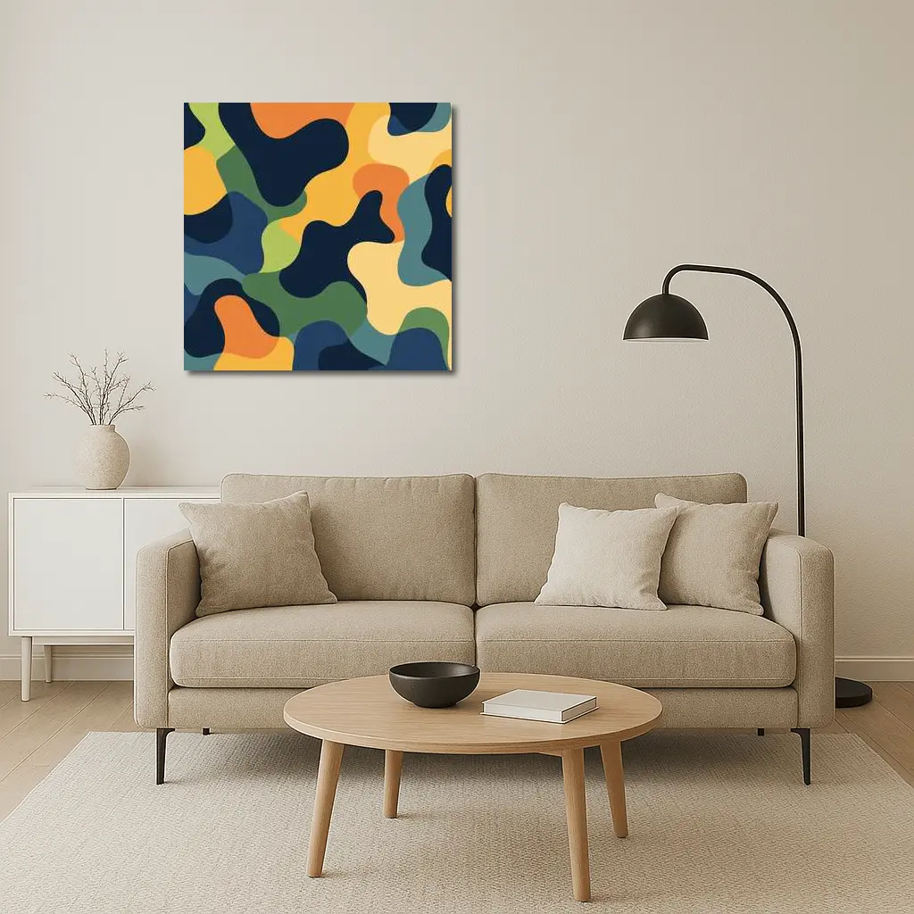 Modern Camouflage Abstract Pattern Navy Orange Green – Wall Art