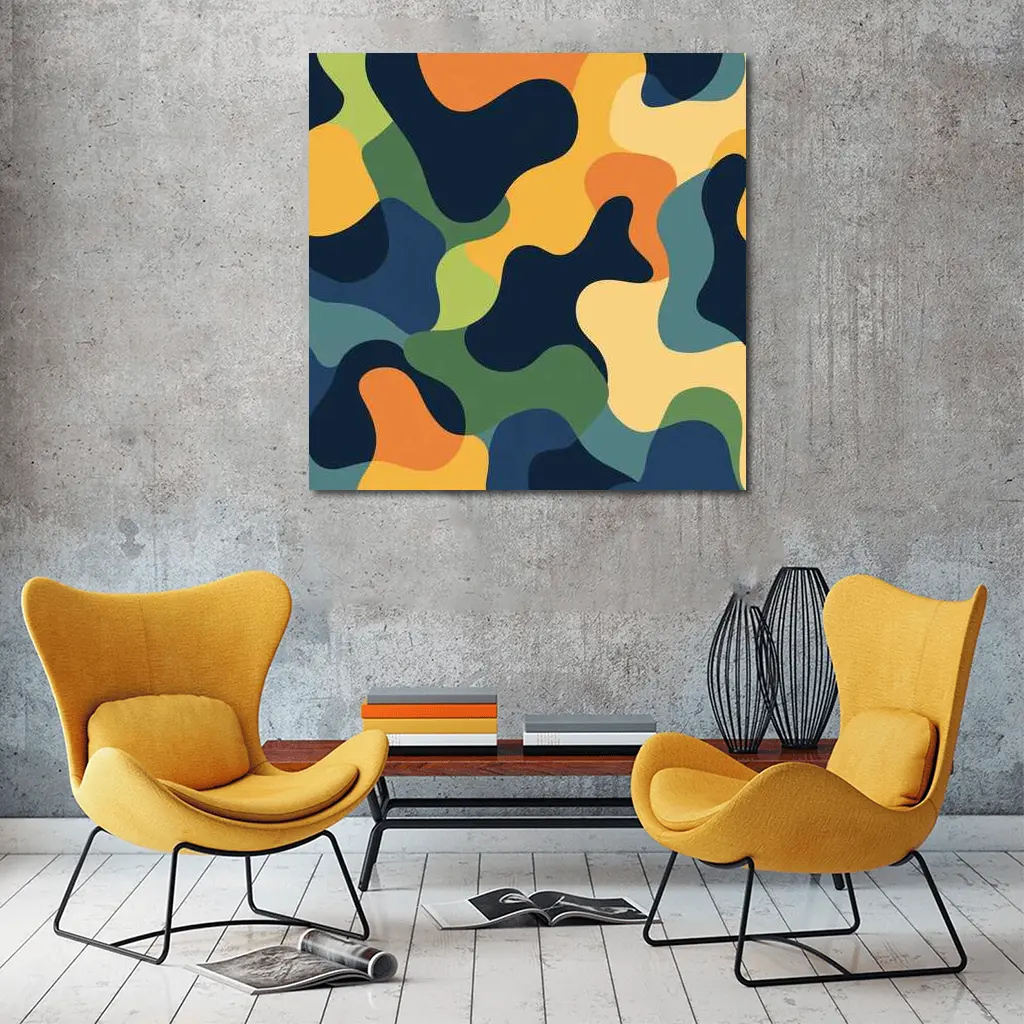 Modern Camouflage Abstract Pattern Navy Orange Green – Wall Art