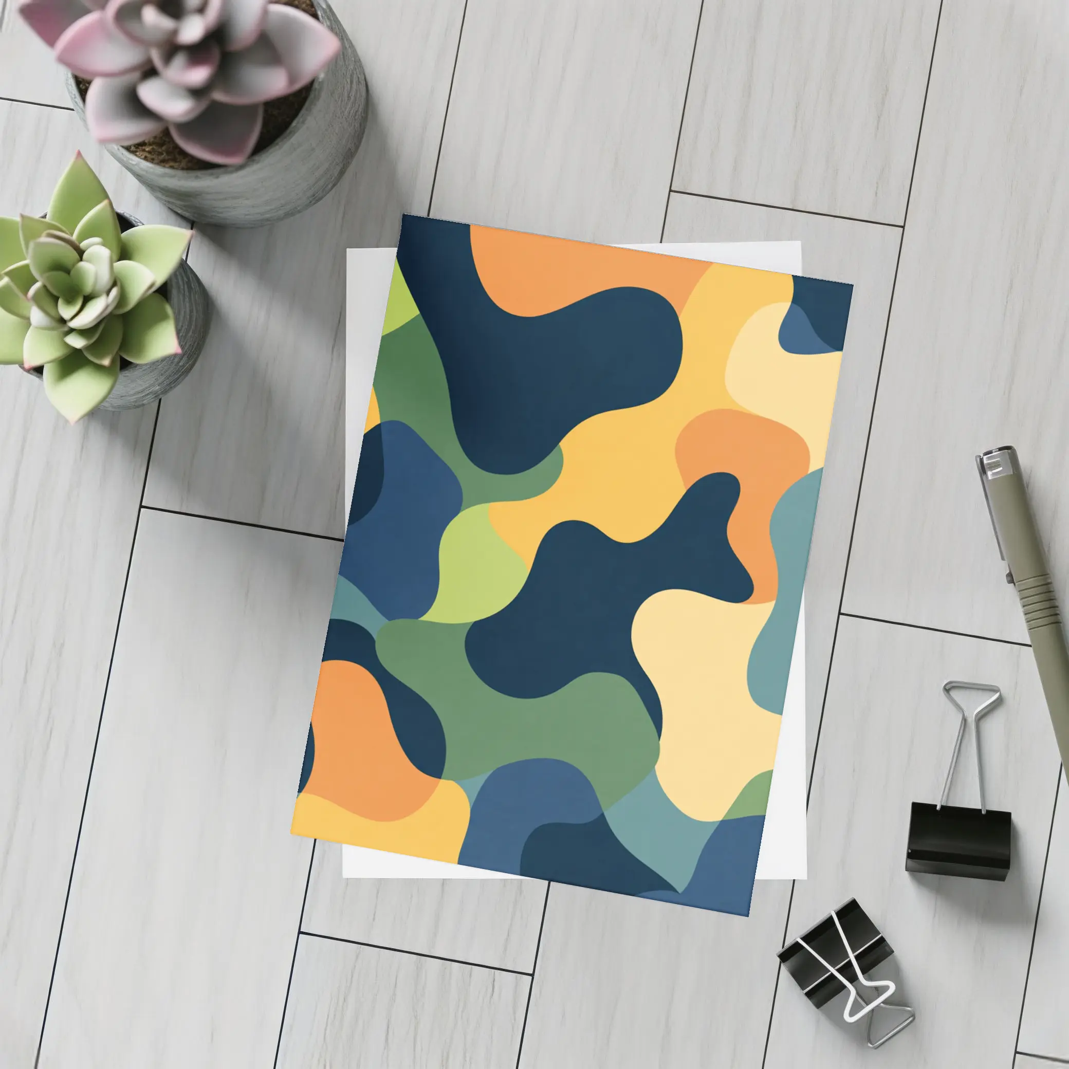 Modern Camouflage Abstract Pattern Navy Orange Green – Postcards