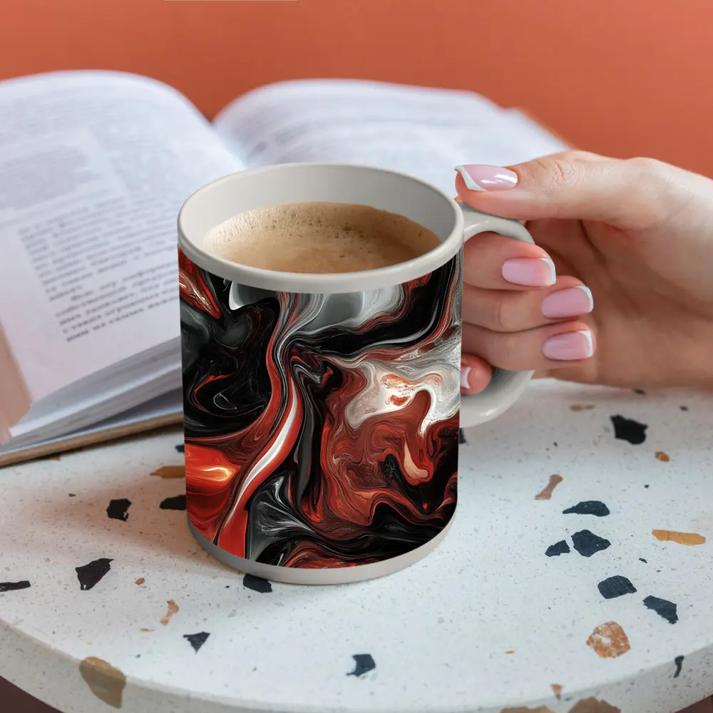 Red Black White Swirling Marble Abstract Art – Mugs