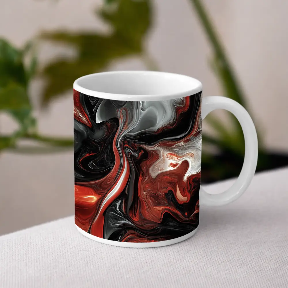Red Black White Swirling Marble Abstract Art – Mugs