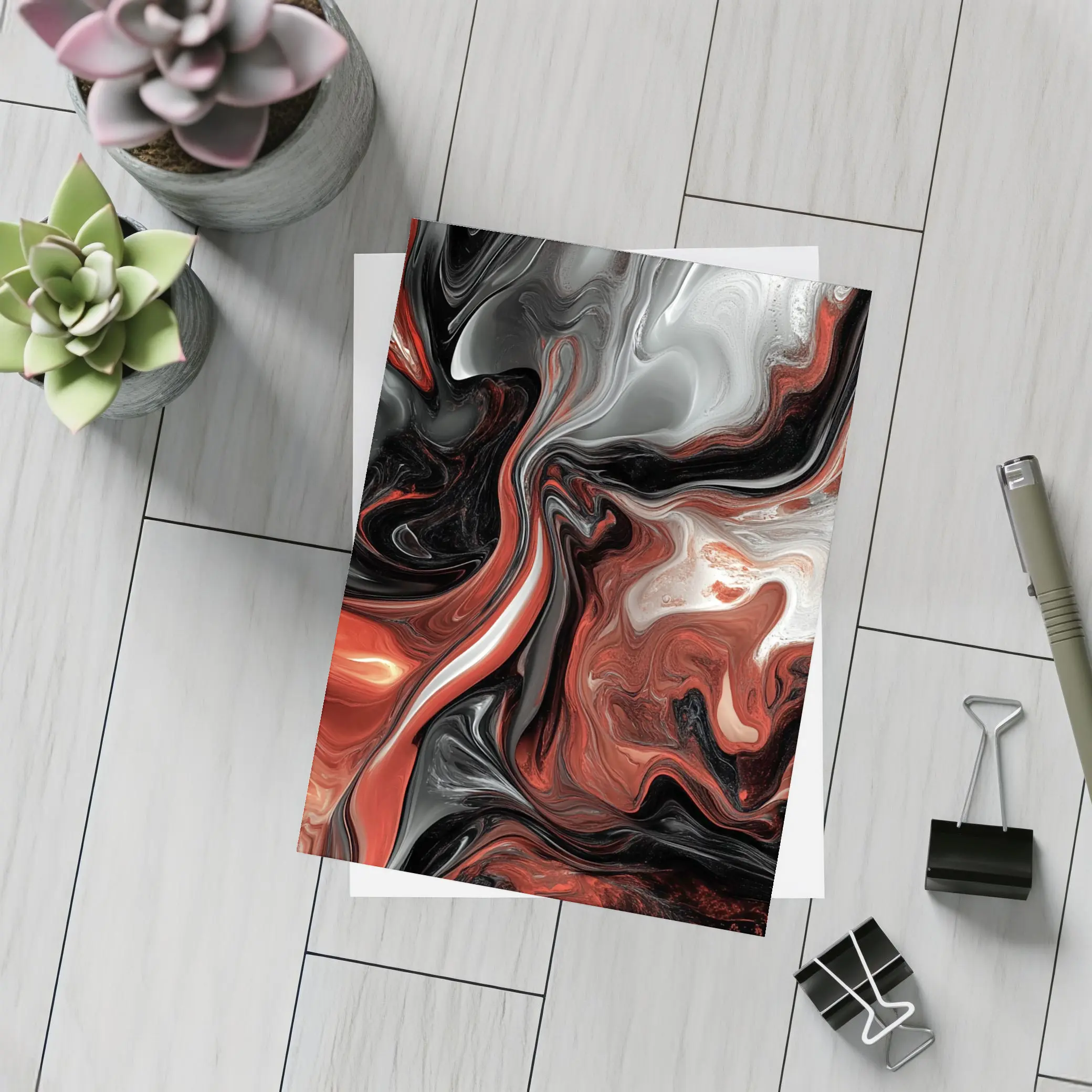 Red Black White Swirling Marble Abstract Art – Postcards