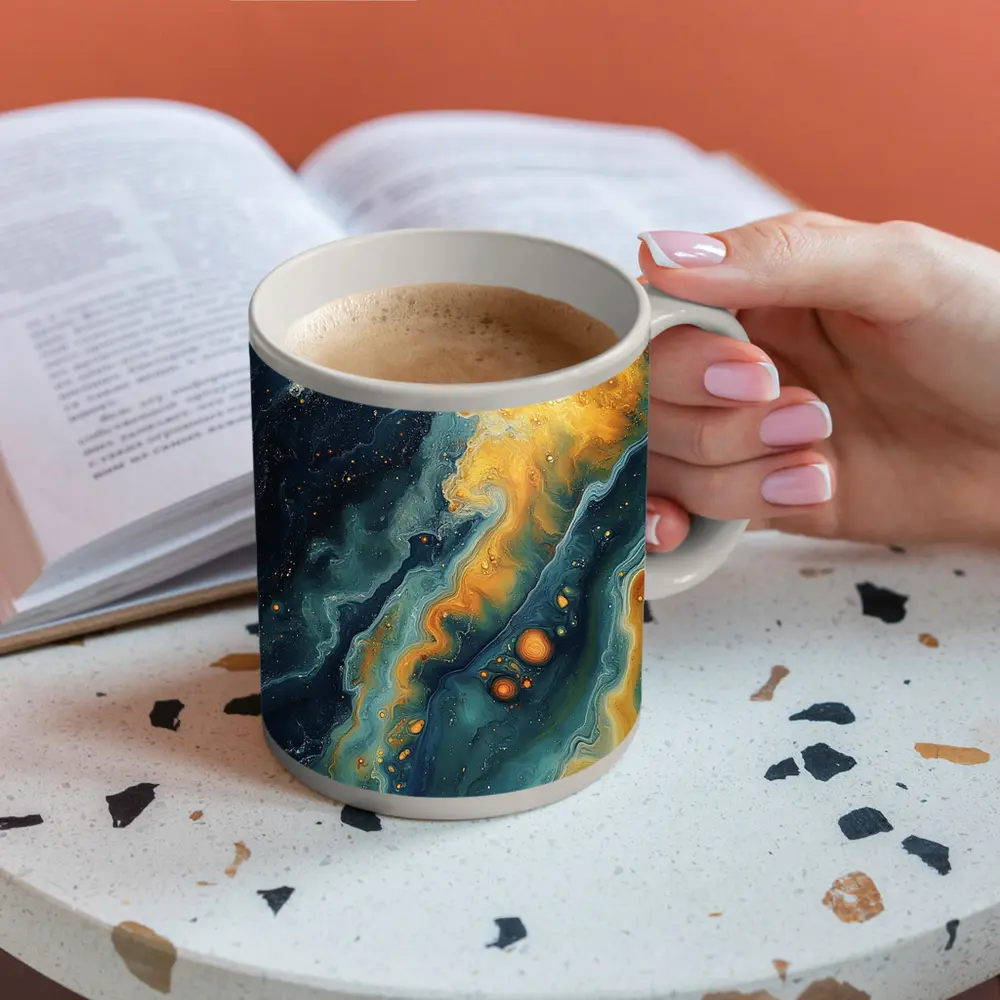 Navy Gold Swirling Abstract Fluid Art – Mugs
