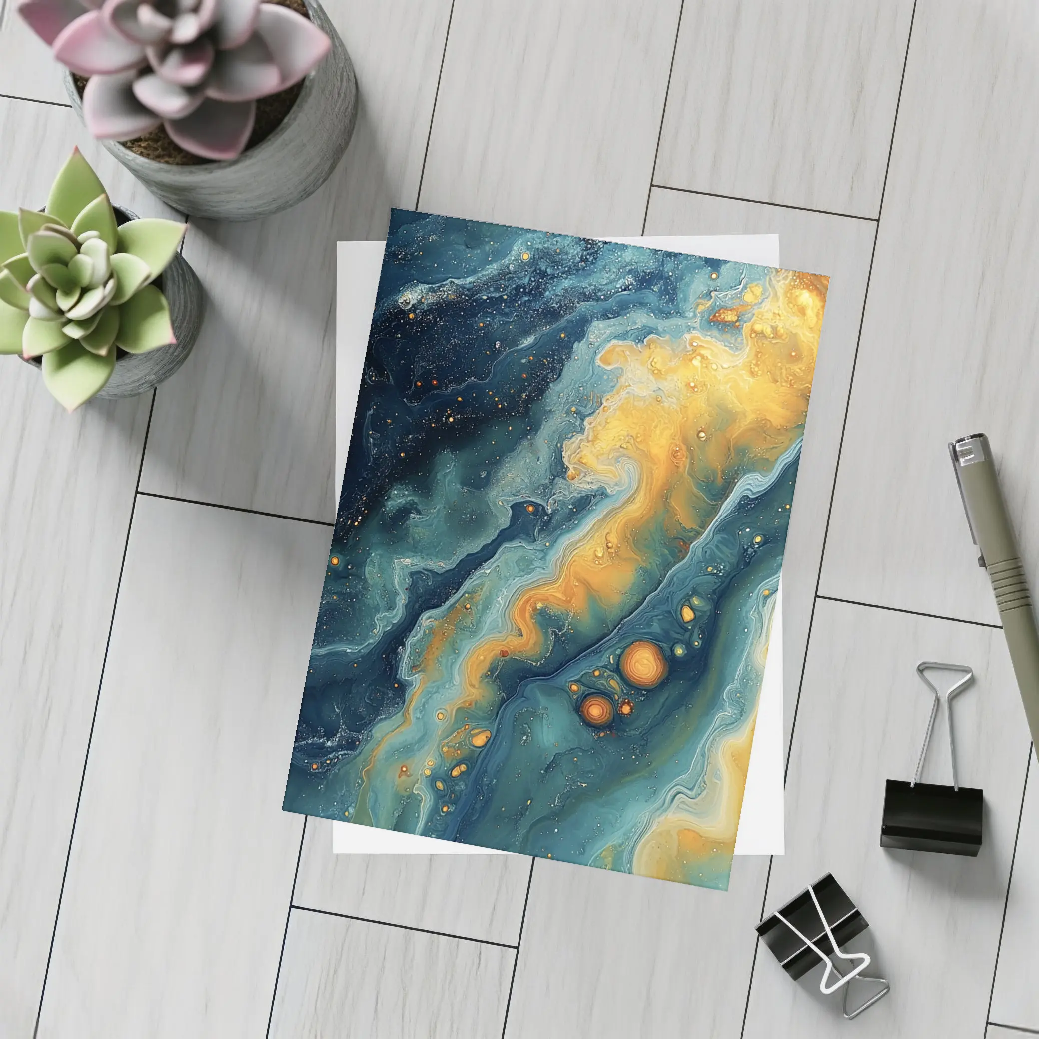 Navy Gold Swirling Abstract Fluid Art – Postcards