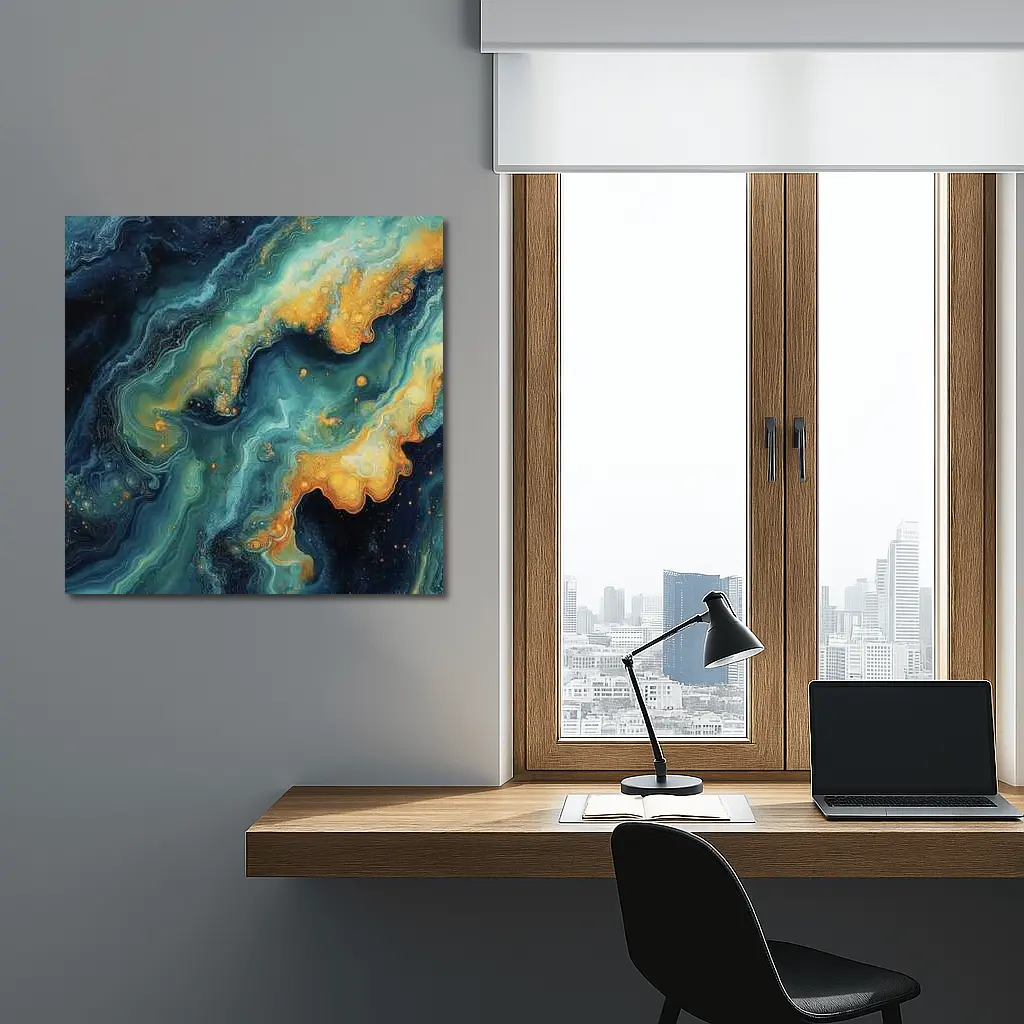 Dark Teal Gold Swirling Marble Abstract Art – Wall Art