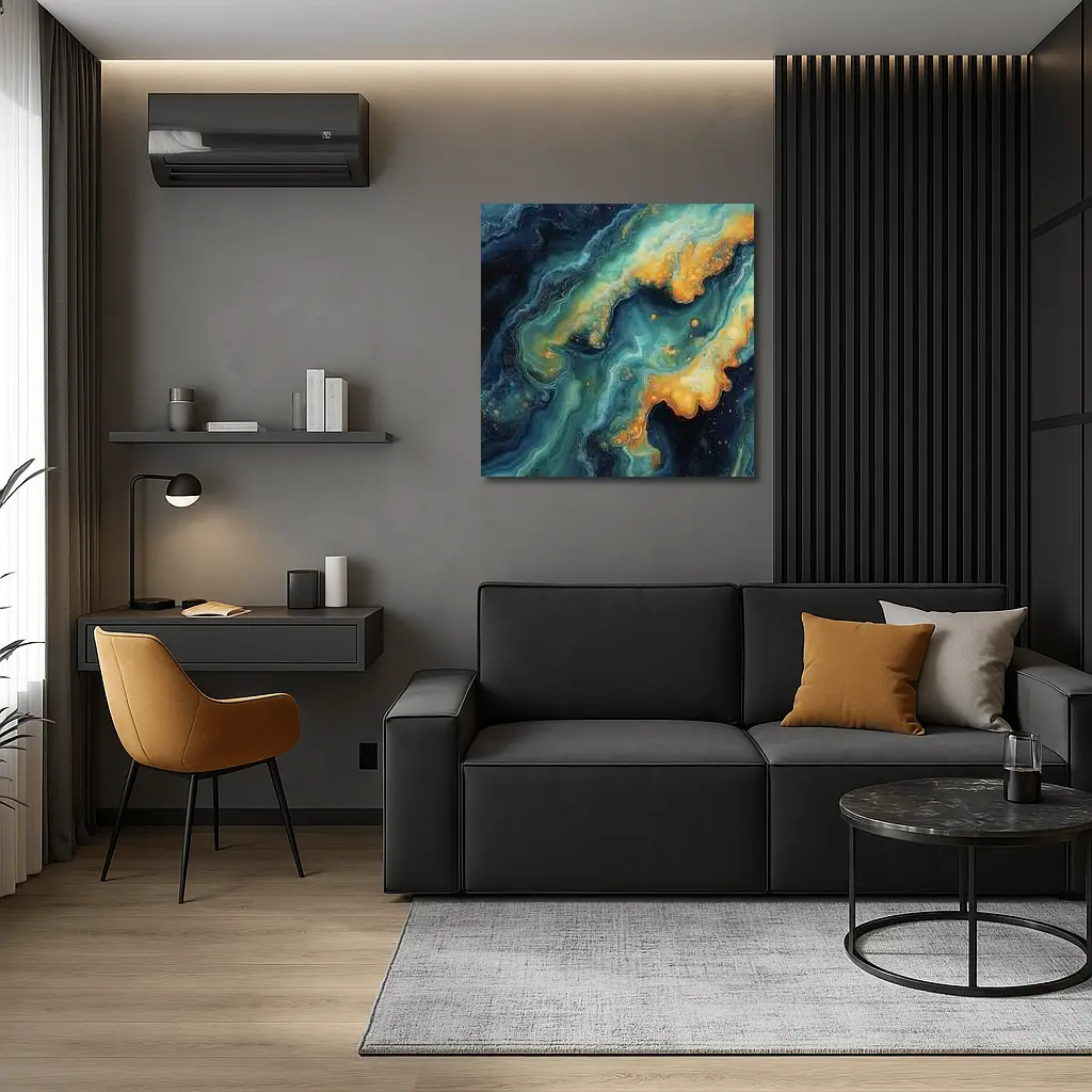 Dark Teal Gold Swirling Marble Abstract Art – Wall Art