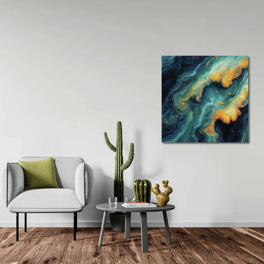 Dark Teal Gold Swirling Marble Abstract Art – Wall Art