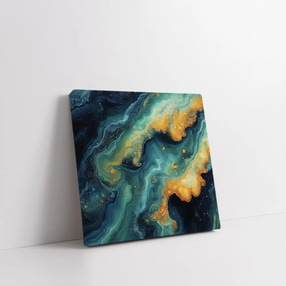Dark Teal Gold Swirling Marble Abstract Art – Wall Art