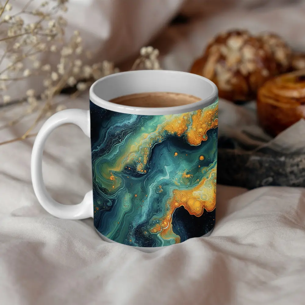 Dark Teal Gold Swirling Marble Abstract Art – Mugs