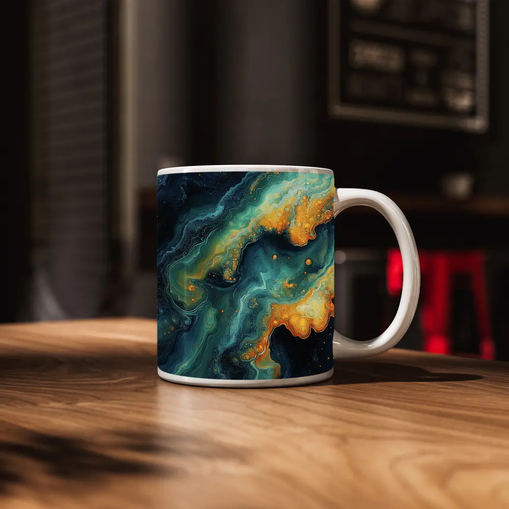 Dark Teal Gold Swirling Marble Abstract Art – Mugs