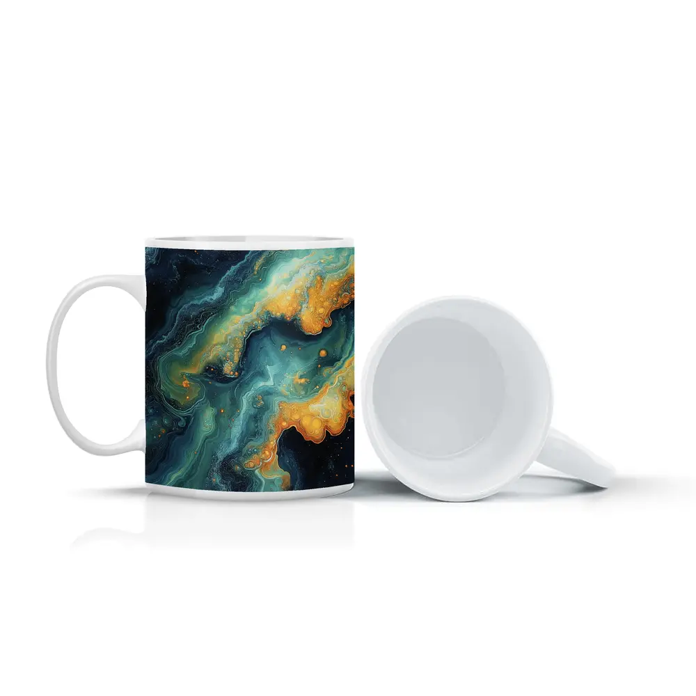 Dark Teal Gold Swirling Marble Abstract Art – Mugs