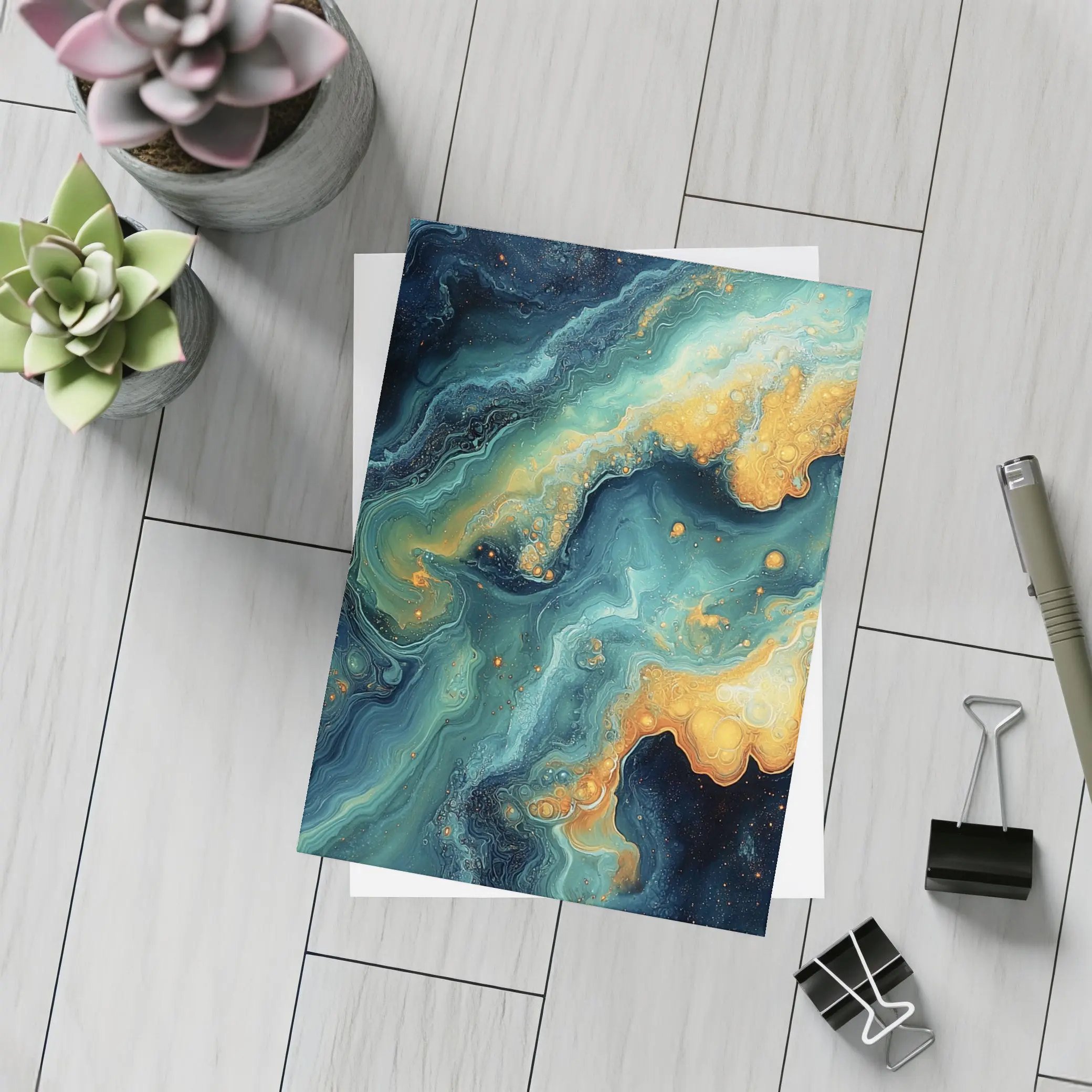 Dark Teal Gold Swirling Marble Abstract Art – Postcards